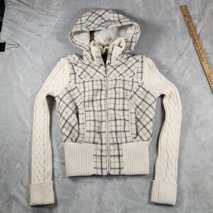 Guess Grey Plaid Wool Blend Bomber Mix Media Sweater Jacket 90s Y2K Sz S Retro